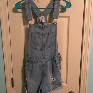 Distressed overall shorts